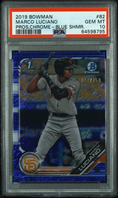 2019 Bowman Bowman Chrome Blue Shimmer #82 Marco Luciano 1p1z front