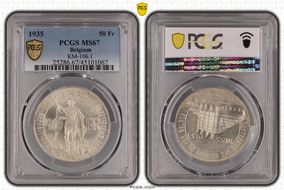 1935 50 Fr BELGIQUE  ↑↓ KM-106.1  Ag MS67