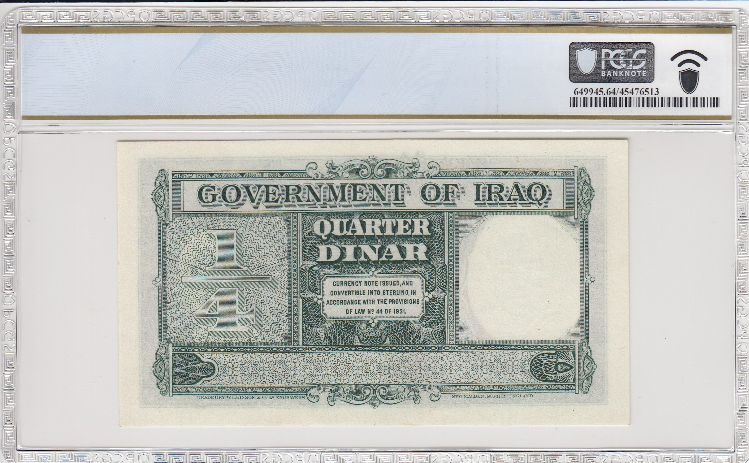 Pick 16a L.1931 (1942) 1/4 Dinar Government of Iraq BWC Sign. Lord