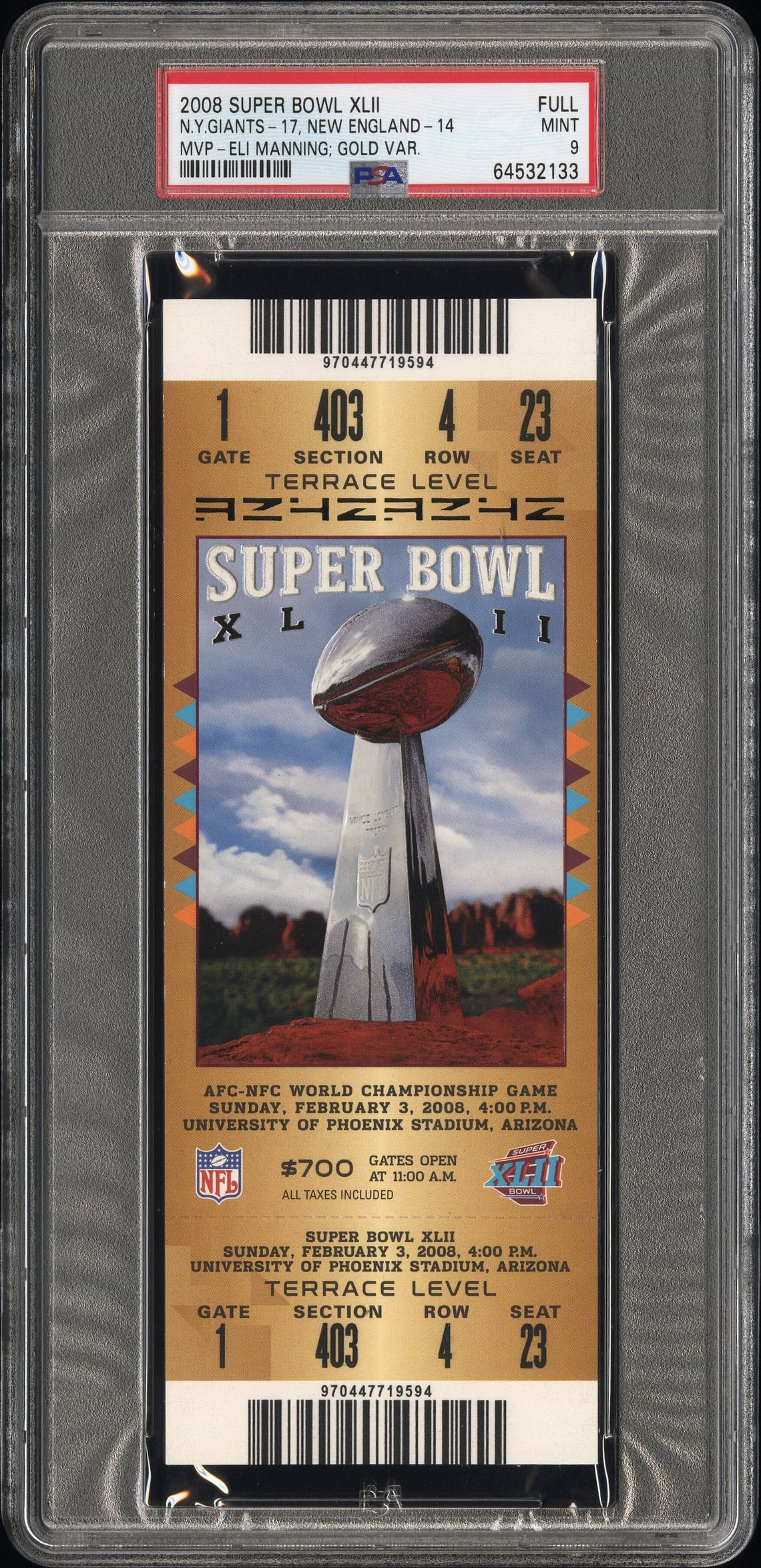 2008 Topps SUPER BOWL XLII-FULL MVP-ELI MANNING: GOLD #FULL Giants-17, Patriots-14 front