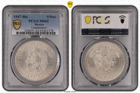 1947-Mo 5 Peso Cuauhtemoc KM-465 Ag MS62