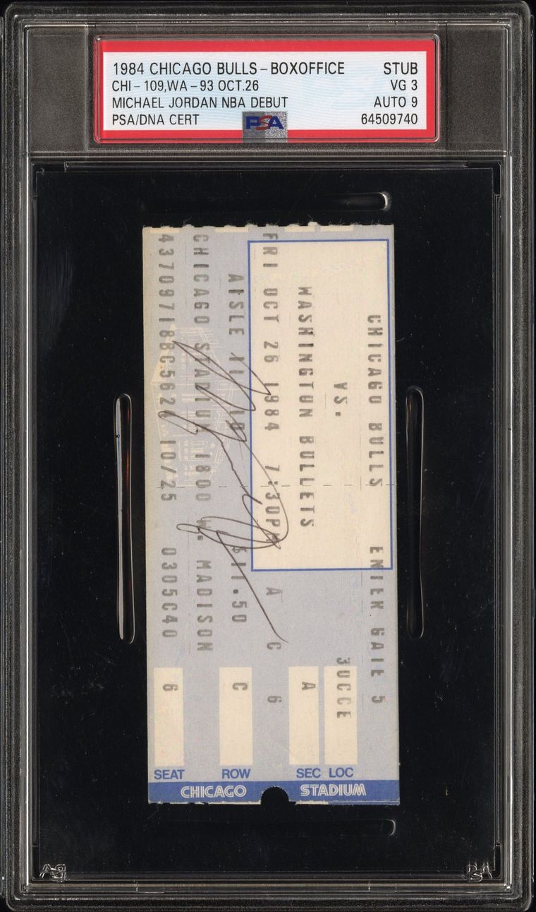 Signed ticket stub from Michael Jordan's NBA debut, graded PSA 3, which sold for $78,000