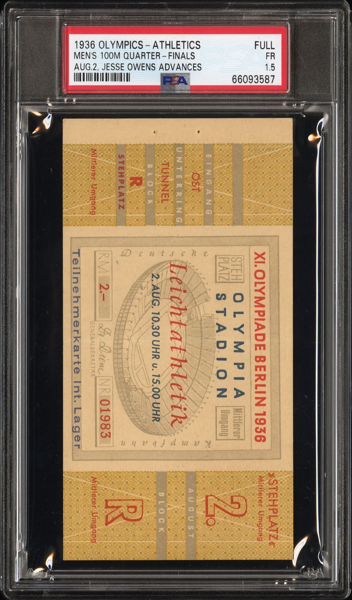 Jesse Owens Olympic debut full ticket, the complete August 2 1936 Berlin standing-room ticket with both counterfoils attached, graded PSA FR 1.5