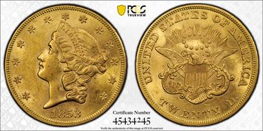 1853 $20 AU58+