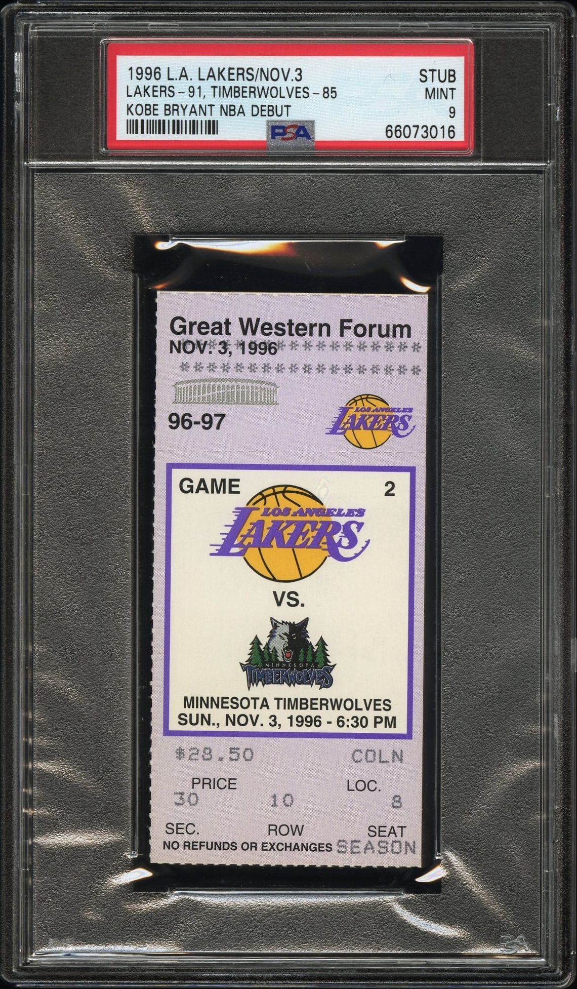 PSA MINT 9 Kobe Bryant NBA debut ticket stub from 3 November 1996, Lakers versus Timberwolves at the Great Western Forum, cert 66073016