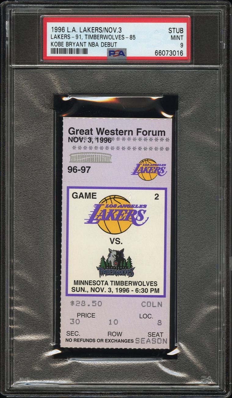 Ticket stub from Kobe Bryant's NBA debut on 3 November 1996, graded PSA MINT 9