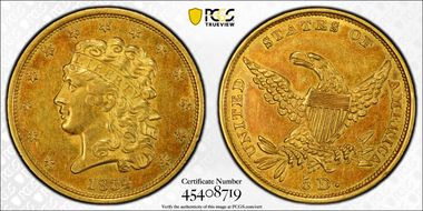 1834 $5 Classic Head, HM-5 AU58+