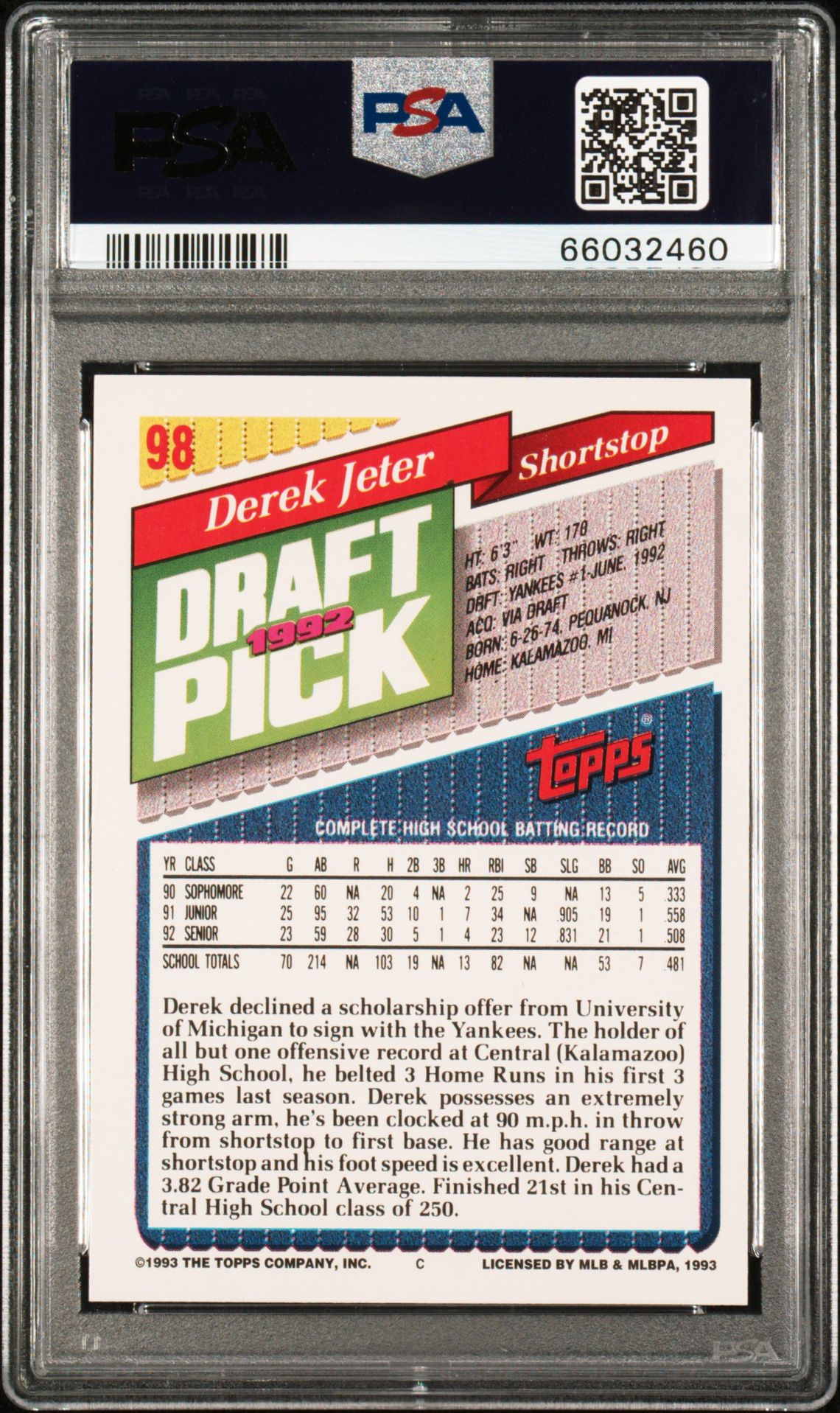 1993 Topps Gold Derek Jeter #98 Mint 9 back
