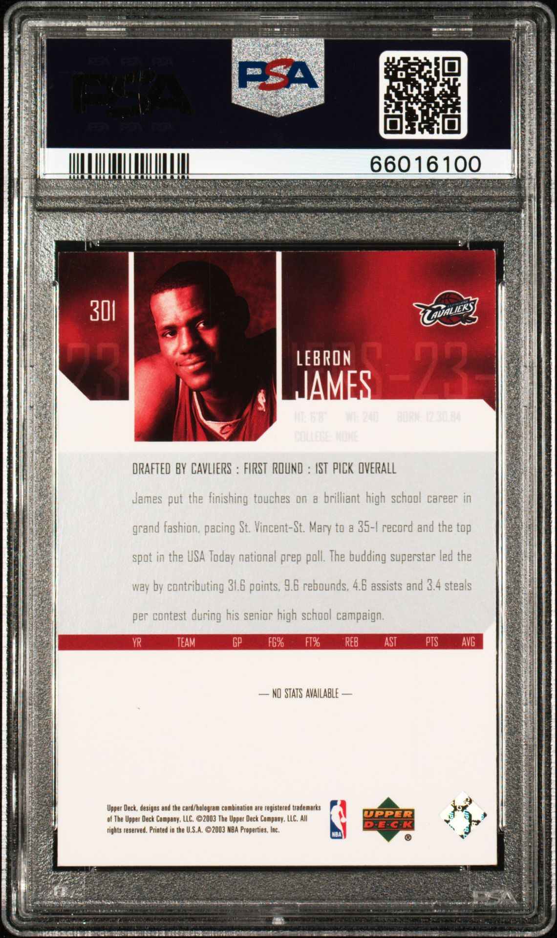 2003 Upper Deck Lebron James #301 Nm-Mt 8 back