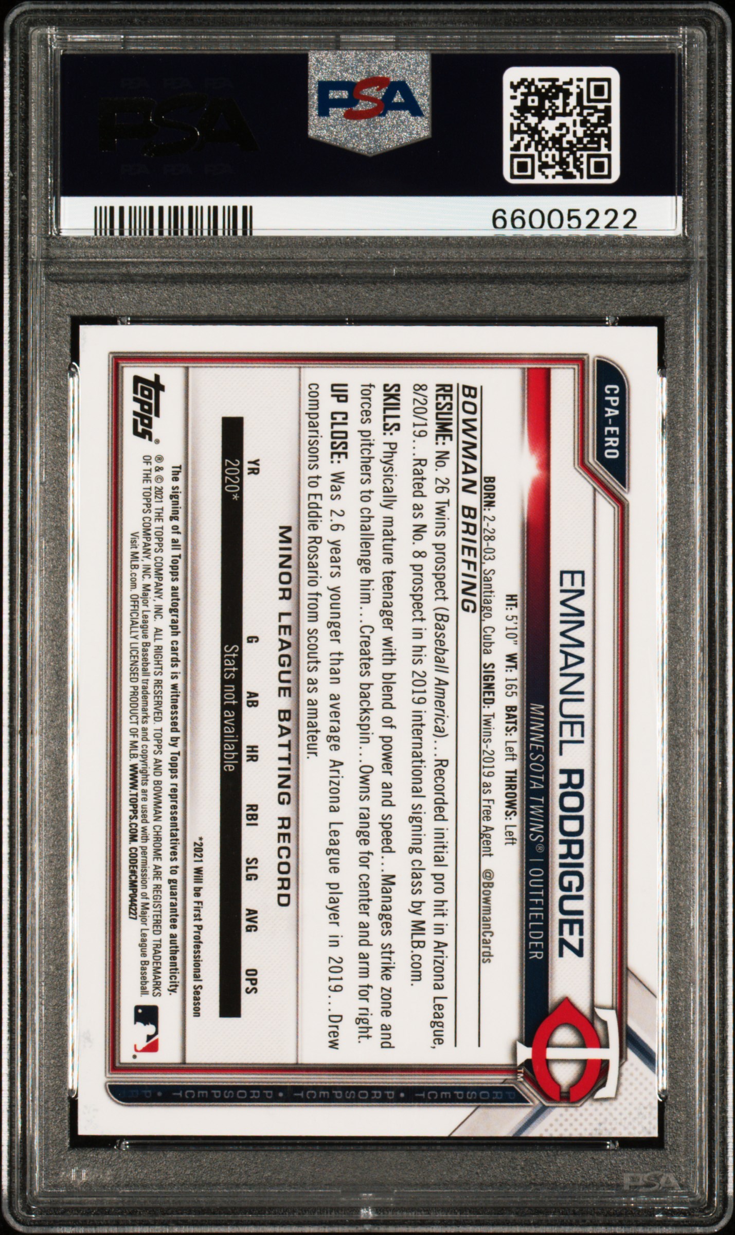 2021 Bowman Chrome Prospect Autographs Emmanuel Rodriguez #Cpaero (Prospect Auto-Blue Ref.) Gem Mt 10 back