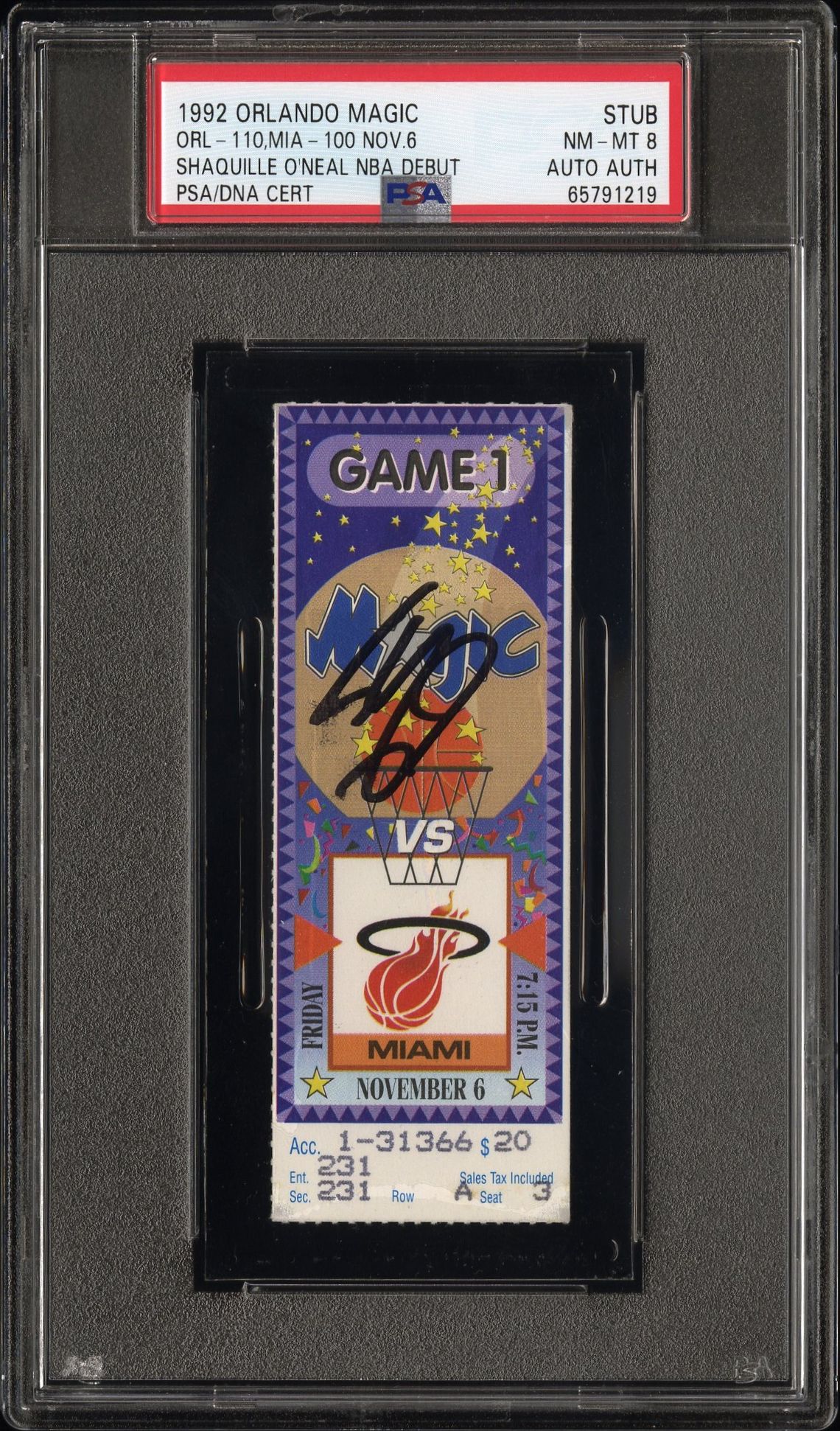 Signed PSA NM-MT 8 Shaquille O'Neal NBA debut ticket stub, cert 65791219, the $9,300 record
