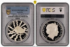 2002 $1 Kangaroo Ag-Aboriginal Design PR70DCAM