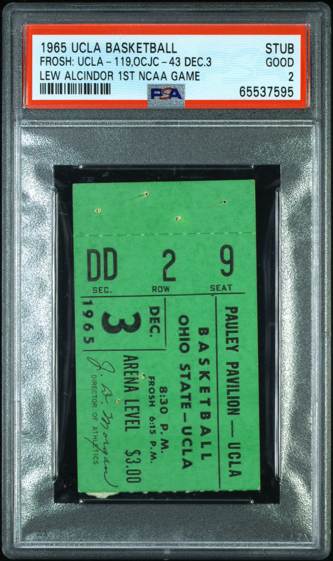 Lew Alcindor UCLA freshman debut ticket stub from 3 December 1965, PSA GOOD 2, the only graded copy
