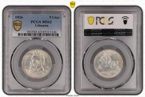 1936 5 Litai Jonas Basanavičius ↑↑ KM-82  Ag MS62