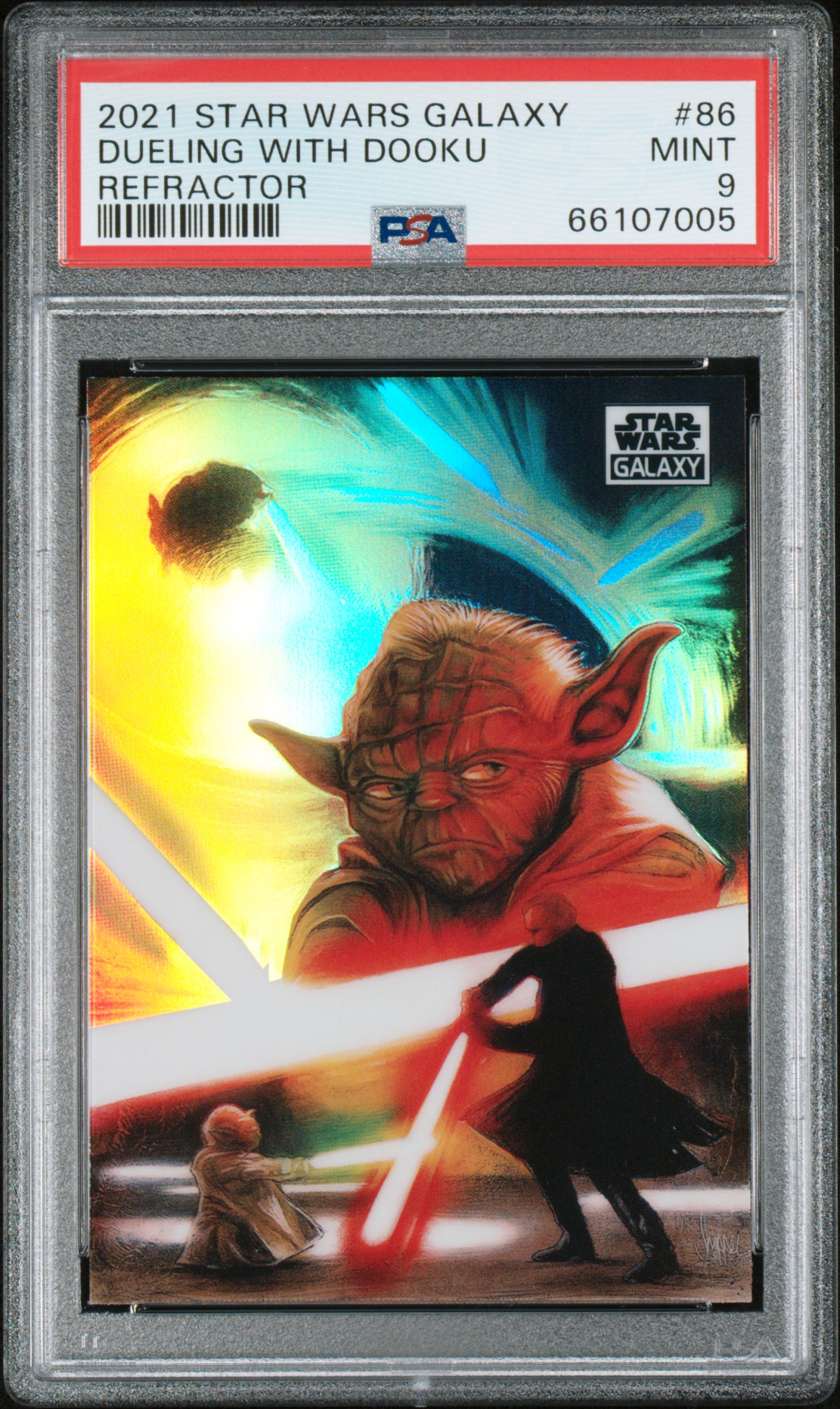 2021 Topps Chrome Star Wars Galaxy Refractor #86 Dueling With Dooku – PSA MINT 9