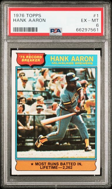Lot of (7) Hank Aaron Topps Baseball Cards with 1975 #1, 1976