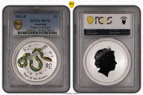 2013-P $1 Year of the Snake Ag Colorized MS70