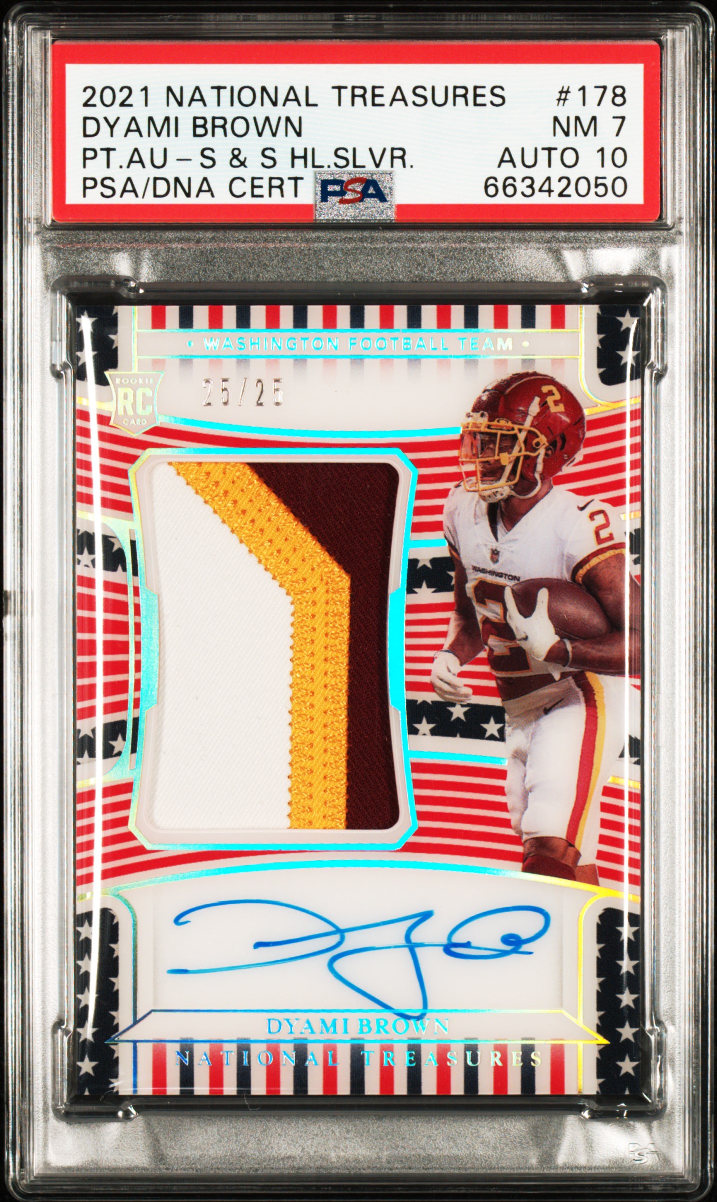 2021 Panini National Treasures Rookie Patch Autograph (RPA) Stars & Stripes Holo Silver #178 Dyami Brown Signed Patch Rookie Card (#25/25) – PSA NM 7, PSA/DNA GEM MT 10 – Pop 1