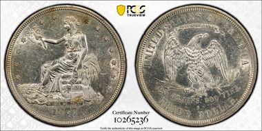 1877-S T$1 TDV-32, Repunched 7 AU55