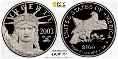 2003-W $100 Statue of Liberty PR70DCAM