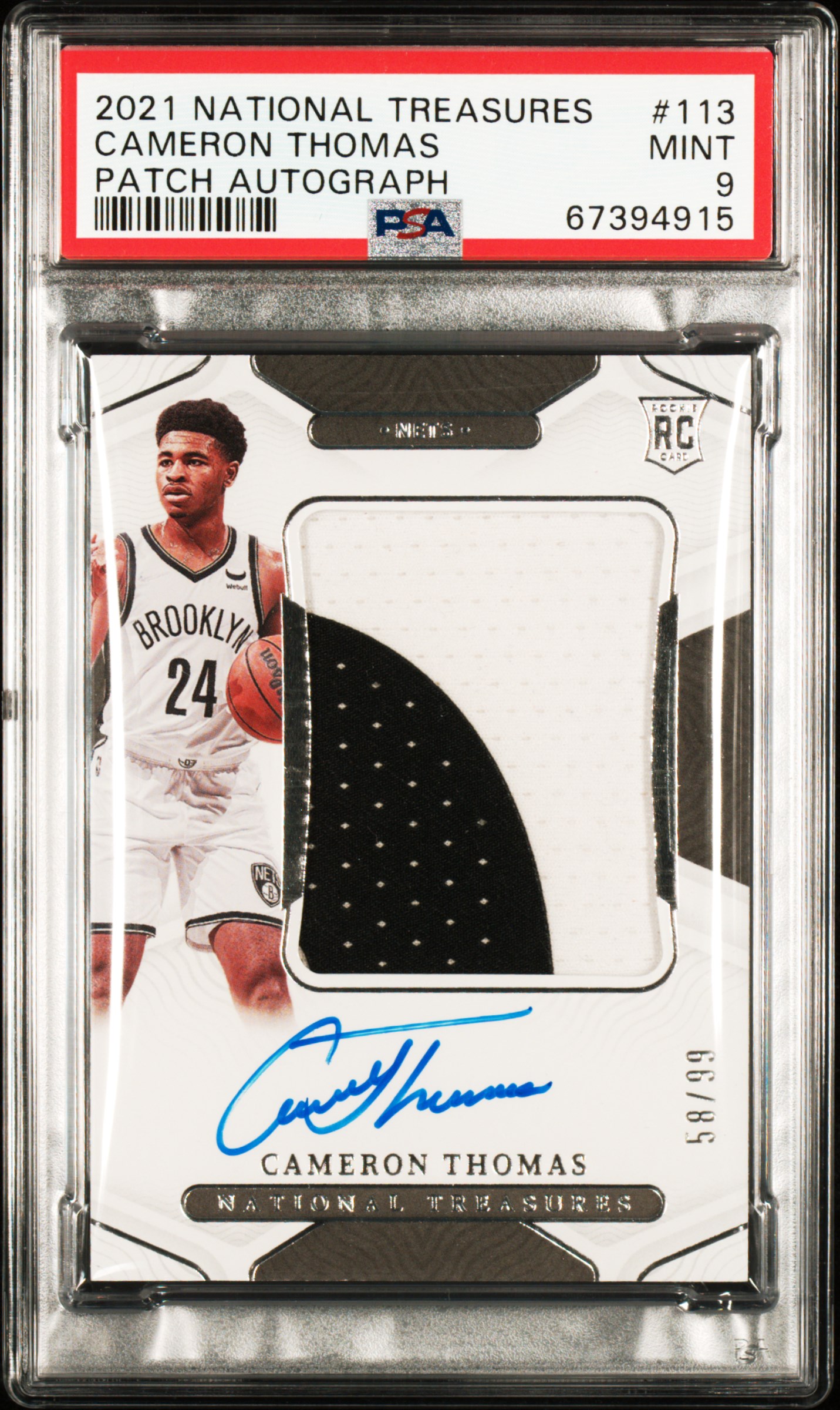 2021-22 Panini National Treasures Patch Autograph #113 Cameron Thomas Signed Patch Rookie Card (#58/99) - PSA MINT 9