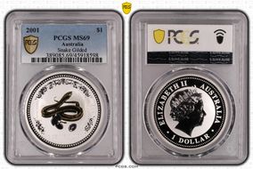 2001 $1 Year of the Snake Ag  Gilt MS69