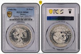 1968-Mo 25 Peso Olympic KM-479.1 Rings Align, Straight Tongue MS66