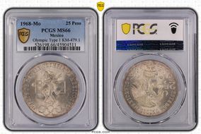 1968-Mo 25 Peso Olympic KM-479.1 Rings Align, Straight Tongue MS66