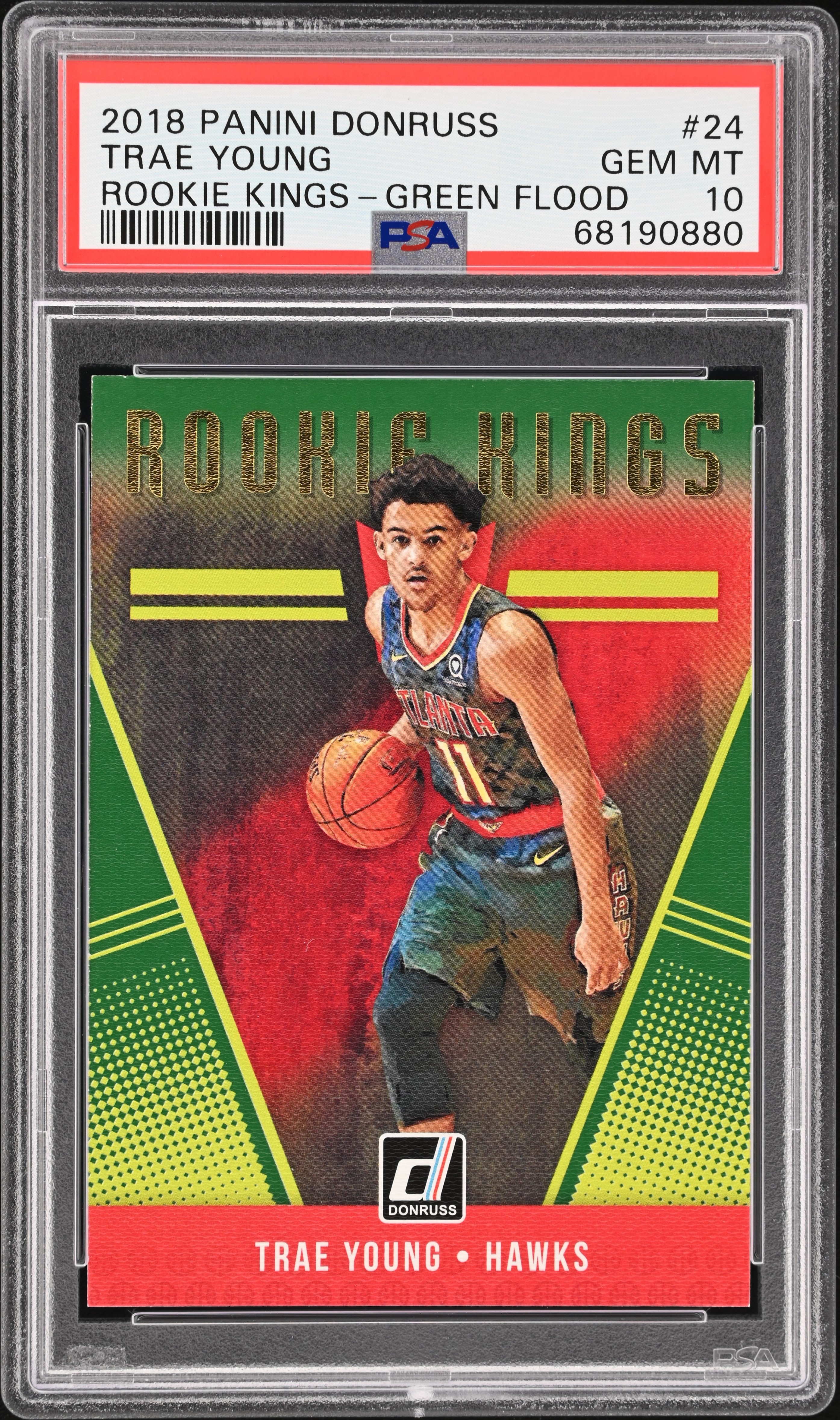 2018-19 Panini Donruss Rookie Kings Green Flood #24 Trae Young Rookie Card – PSA GEM MT 10