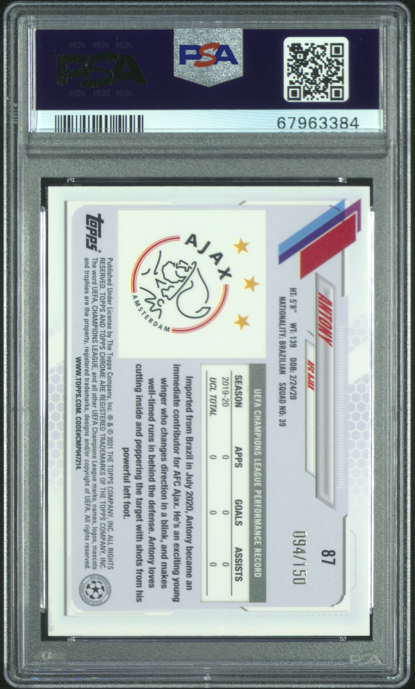 2020 Topps Chrome Uefa Champions League Sapphire Edition Antony #87 (Sapphire Ed-Aqua) Gem Mt 10 back