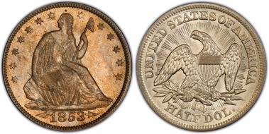 1853 50C Arrows & Rays MS64