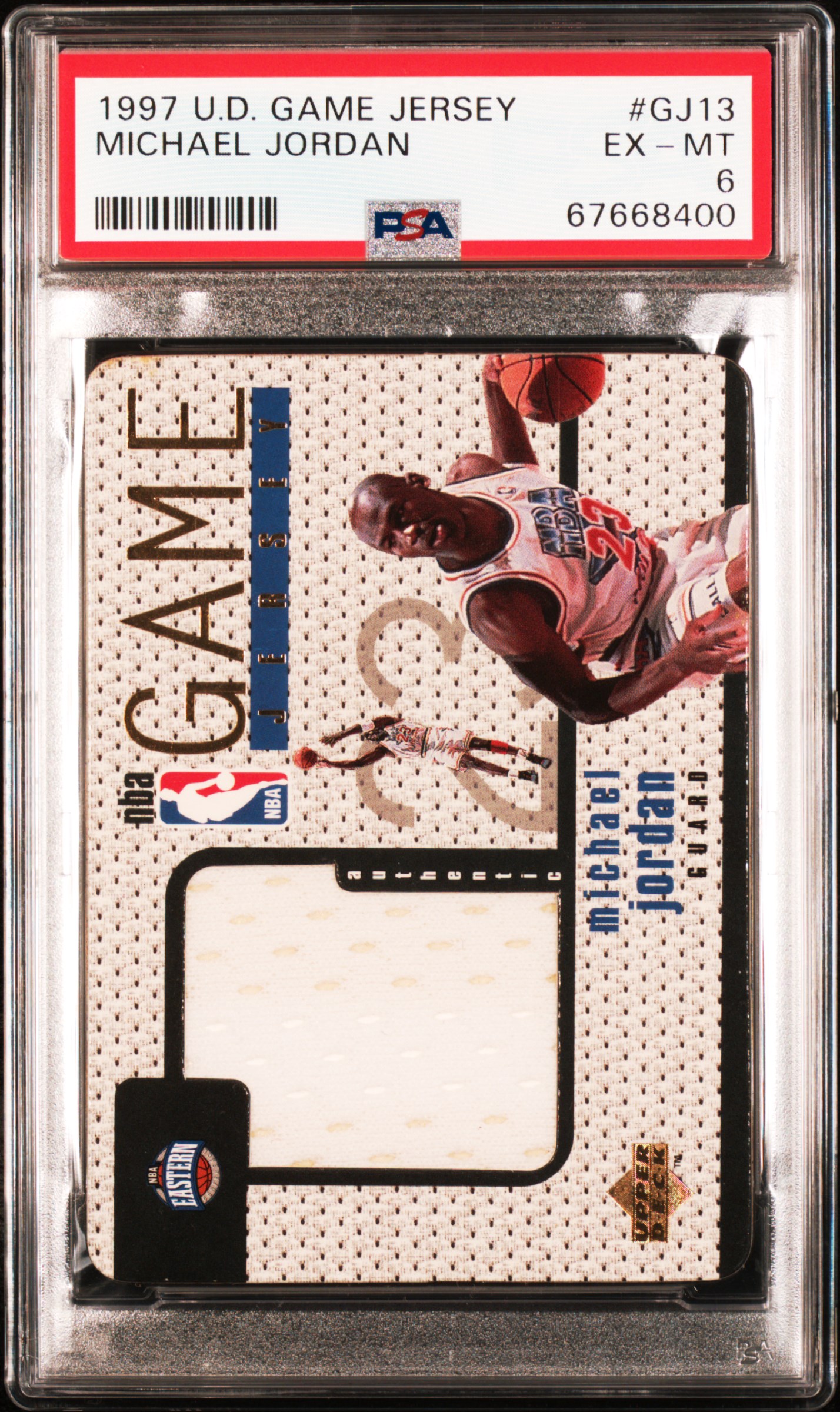 1997 Upper Deck Game Jersey #GJ13 Michael Jordan Relic Card – PSA EX-MT 6