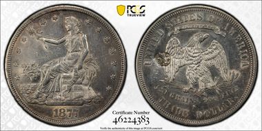 1877-S T$1 C-19.1 No Dots, Bullnose R Chopmarked AU55