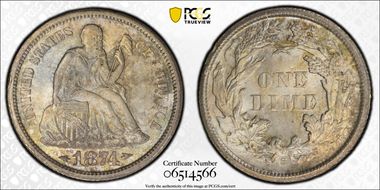 1874-S 10C Arrows MS66+
