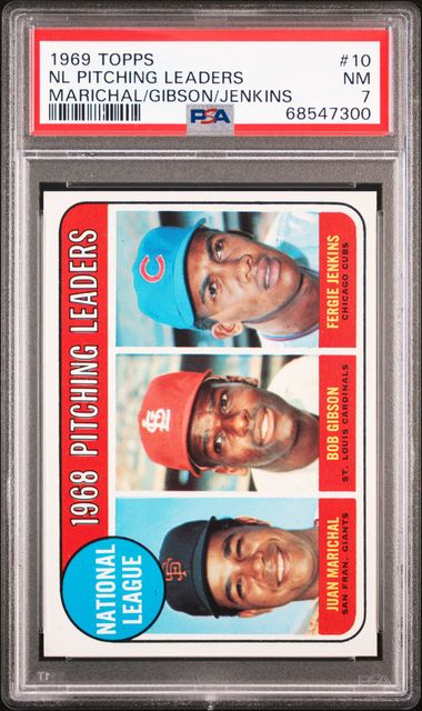 1969 Topps NL Pitching Leaders (Juan Marichal/Bob Gibson/Fergie Jenkins)