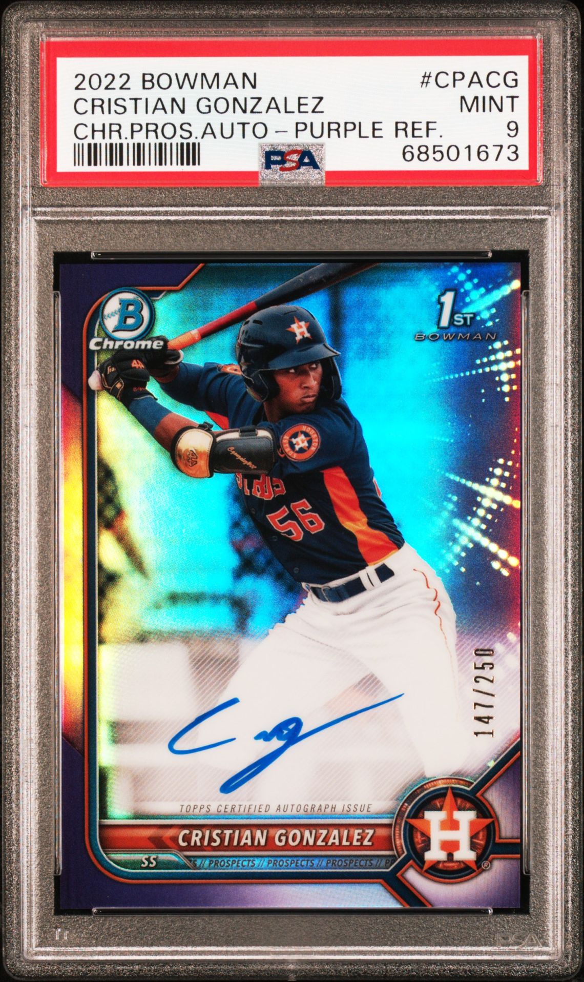 2022 Topps BOWMAN CHROME PROSPECT AUTOGRAPHS Purple Refractor #CPACG Cristian Gonzalez front