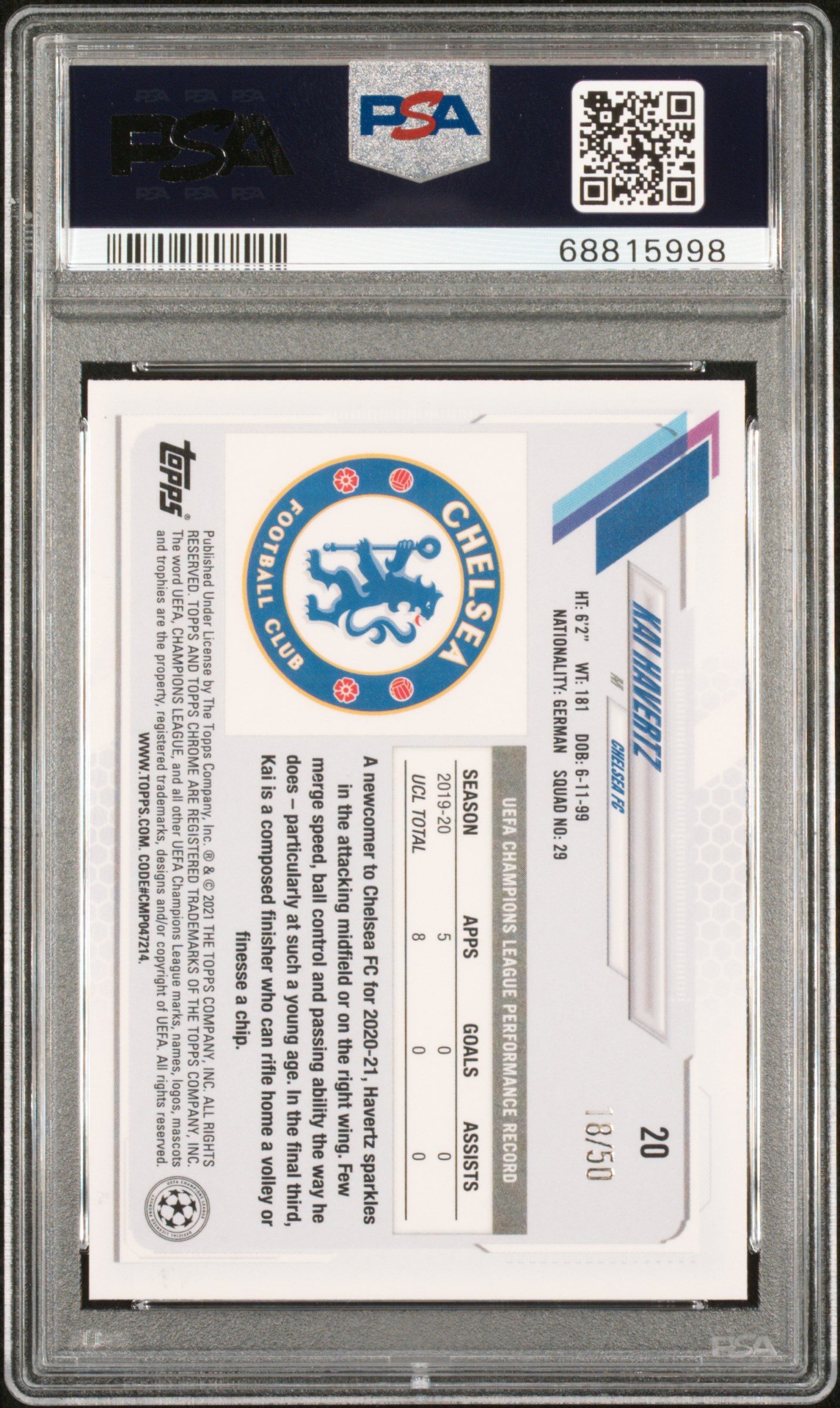 2020 Topps Chrome Uefa Champions League Sapphire Edition Kai Havertz #20 (Sapphire Ed-Orange) Gem Mt 10 back