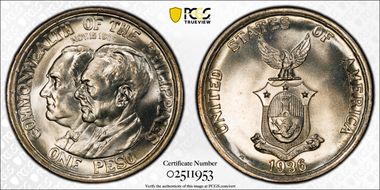 1936-M Peso Roosevelt-Quezon KM-177  Ag MS64+ 