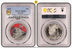 2019 50C 90 Ann. of Ghan Colorized MS68