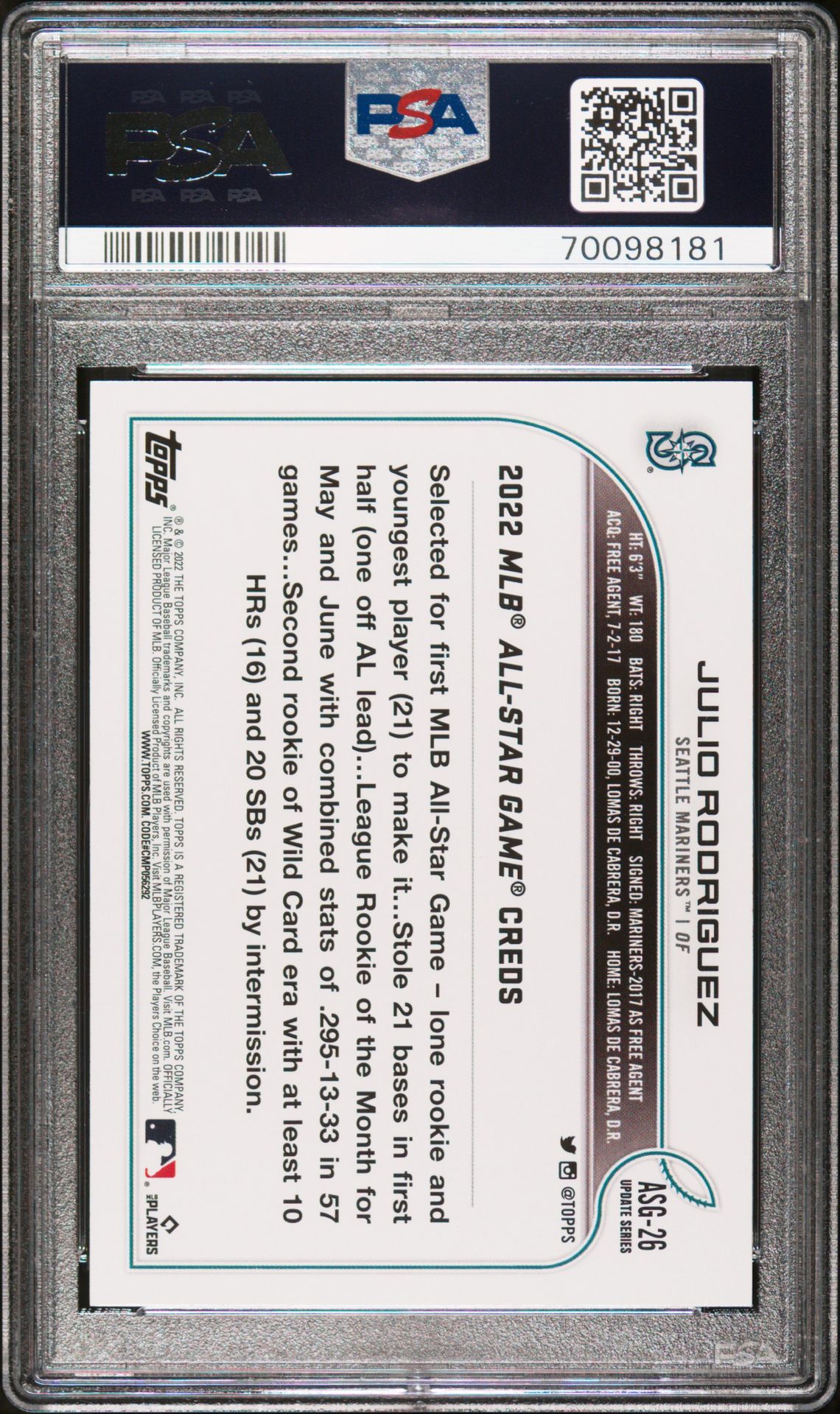 2022 Topps Update Mlb All-Star Game Julio Rodriguez #Asg26 (Mlb All-Star Game) Gem Mt 10 back