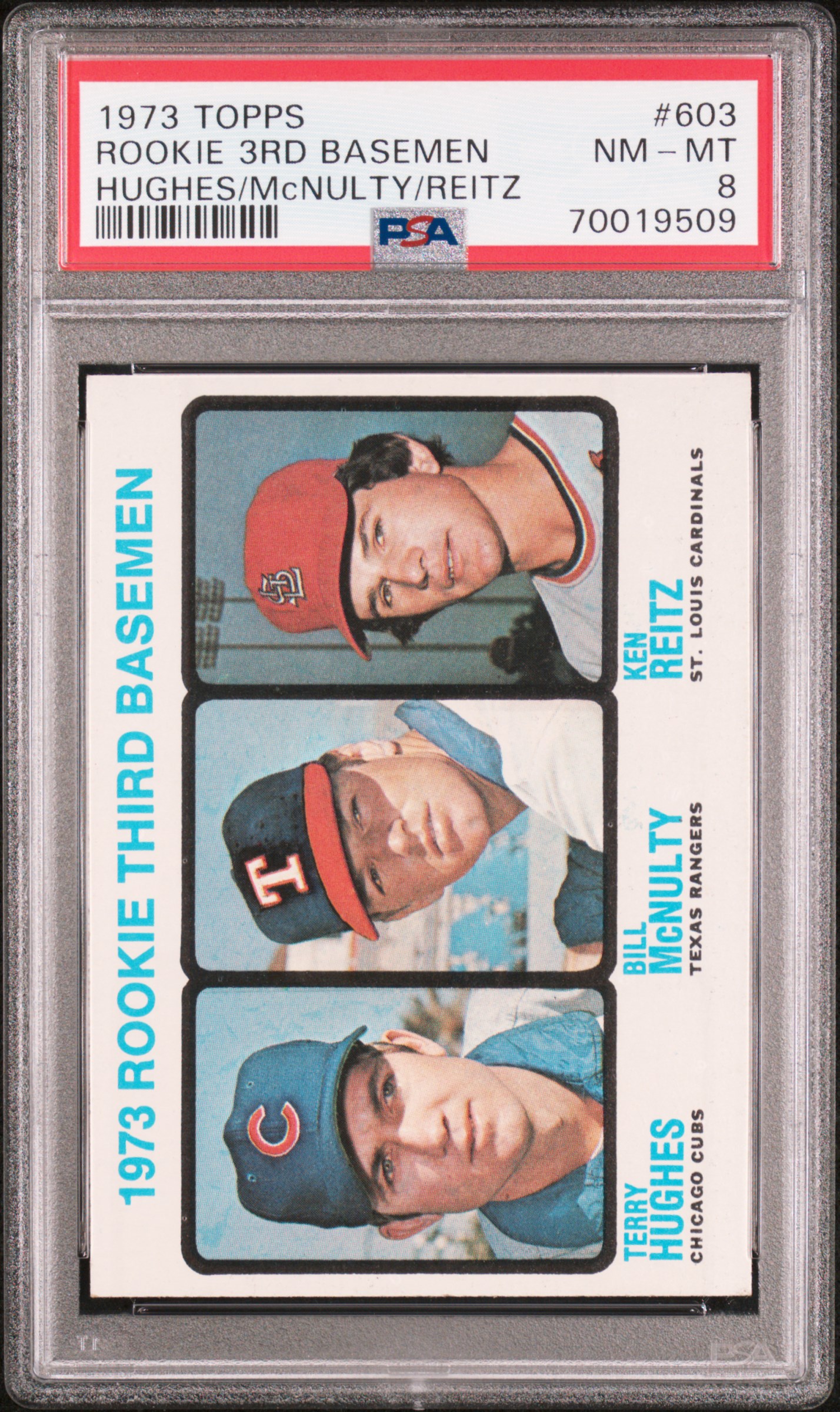 1973 TOPPS #603 ROOKIE 3RD BASEMEN HUGHES/McNULTY/REITZ