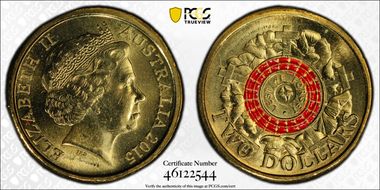 2015 $2 Lest We Forget Colorized Poppy Counterstamp MS66