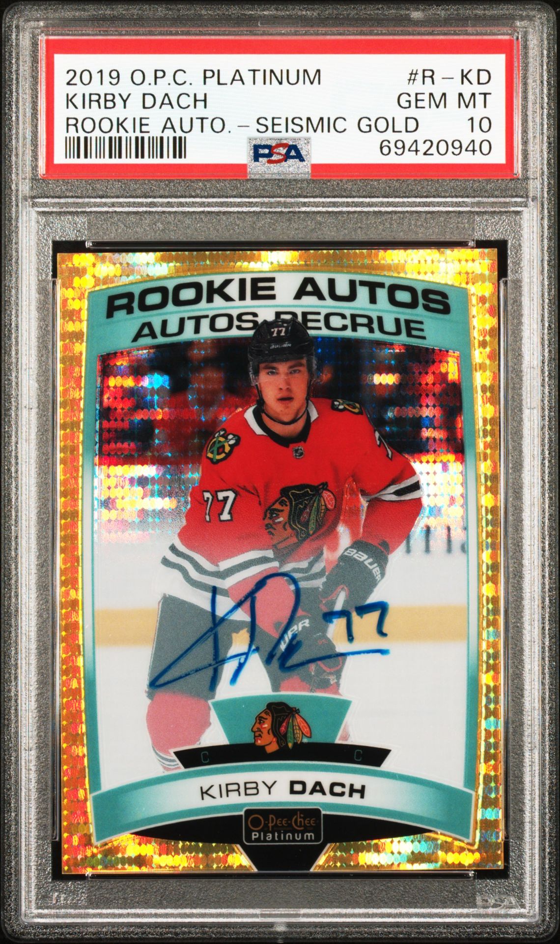2019 Upper Deck O-PEE-CHEE PLATINUM ROOKIE AUTOS ROOKIE AUTO.-SEISMIC GOLD #R-KD Kirby Dach front
