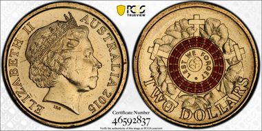 2015 $2 Lest We Forget Colorized Poppy Counterstamp MS66