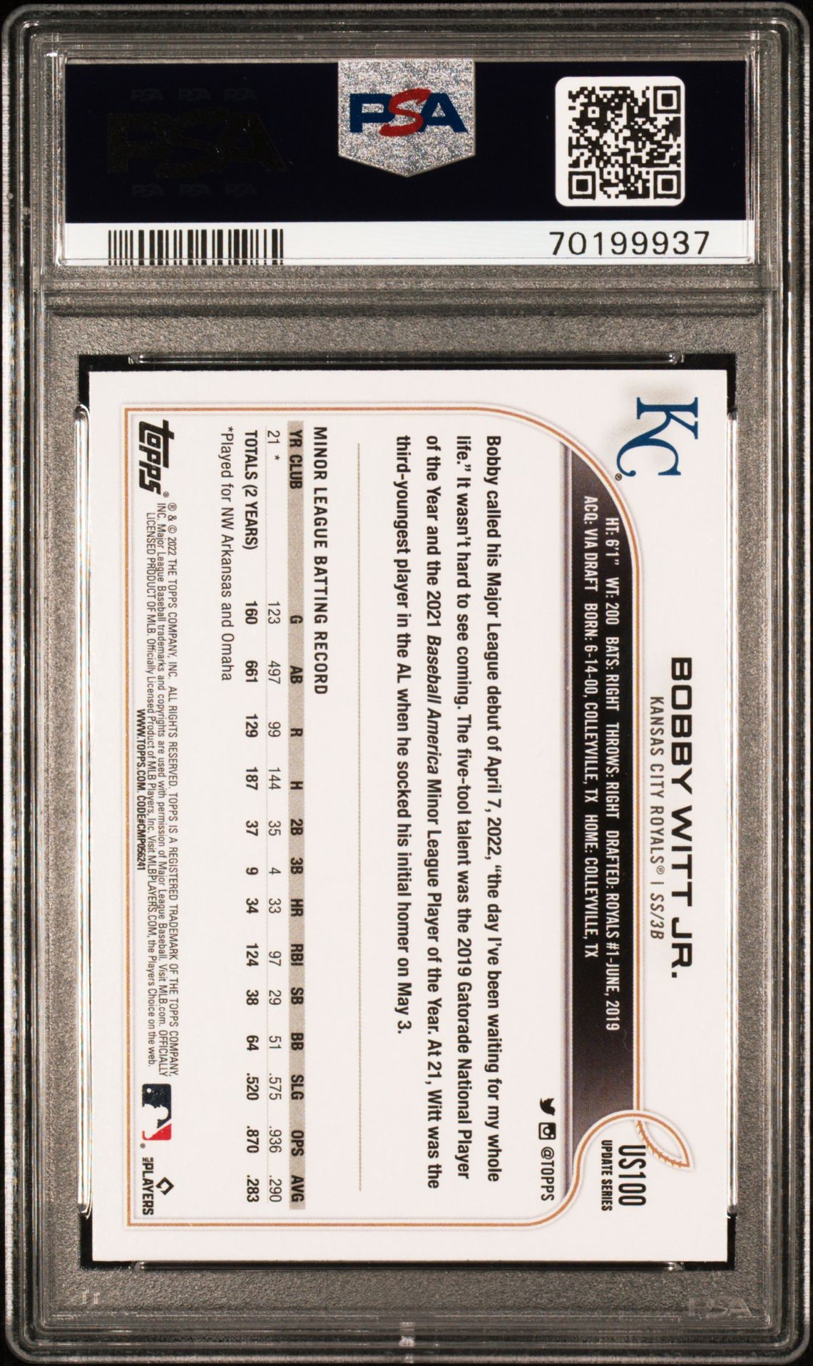 2022 Topps Update Bobby Witt Jr. #Us100 Mint 9 back