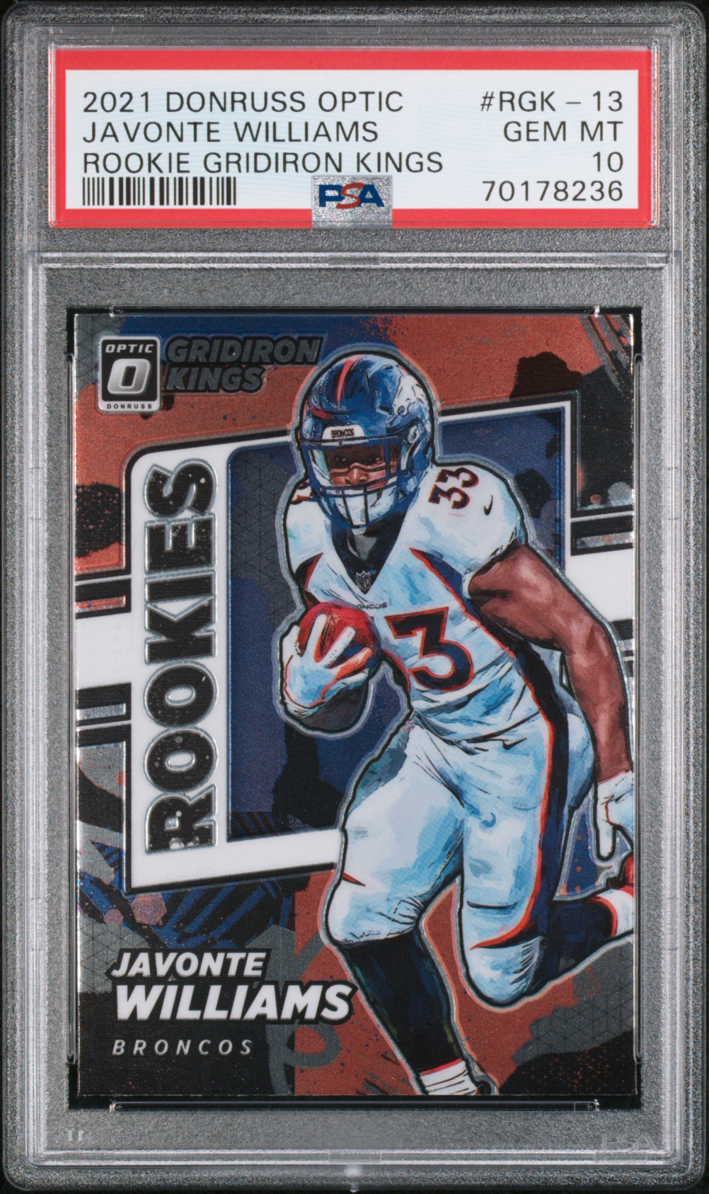 2021 Panini Donruss Optic Rookie Gridiron Kings #RGK-13 Javonte Williams – PSA GEM MT 10