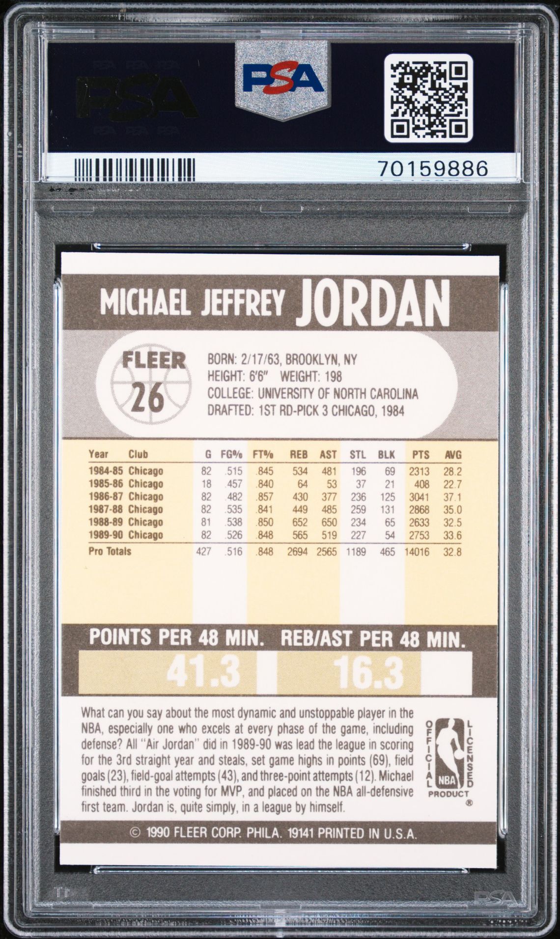 1990 Fleer Michael Jordan #26 Gem Mt 10 back