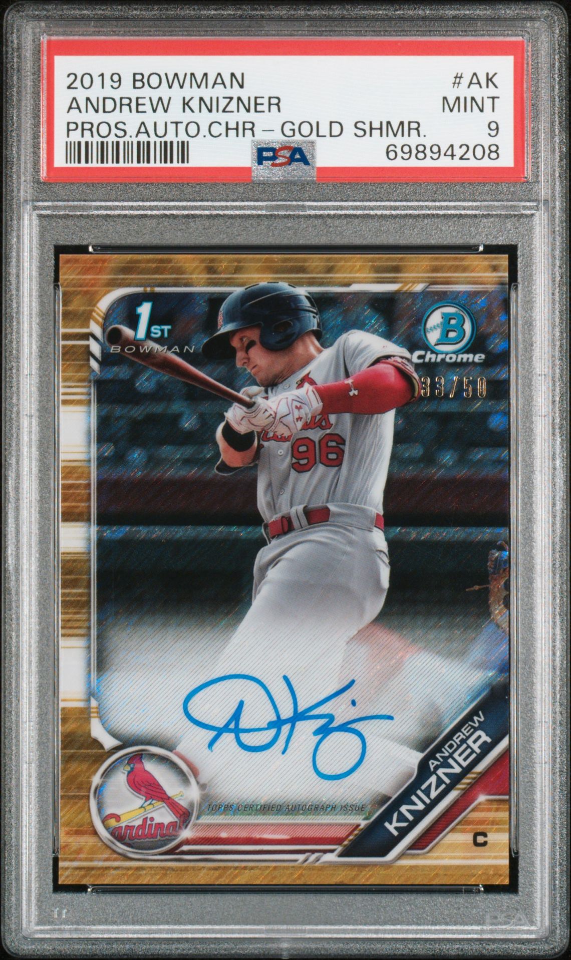 2019 Bowman BOWMAN PROSPECT AUTOGRAPHS CHROME Gold Shimmer #AK Andrew Knizner front