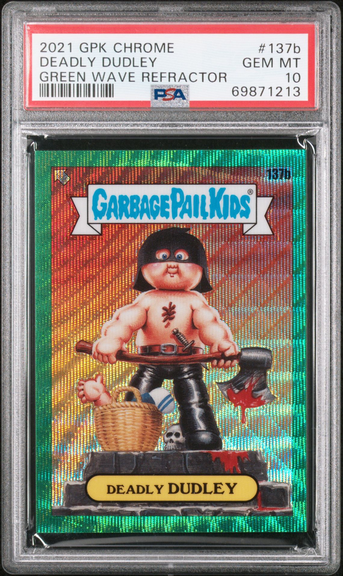 2021 Topps GARBAGE PAIL KIDS CHROME GREEN WAVE REFRACTOR #137B Deadly Dudley front