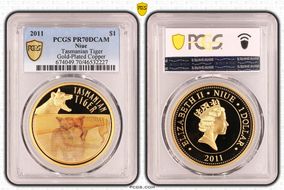 2011 $1 Tasmanian Tiger Gold-Plated Copper PR70DCAM